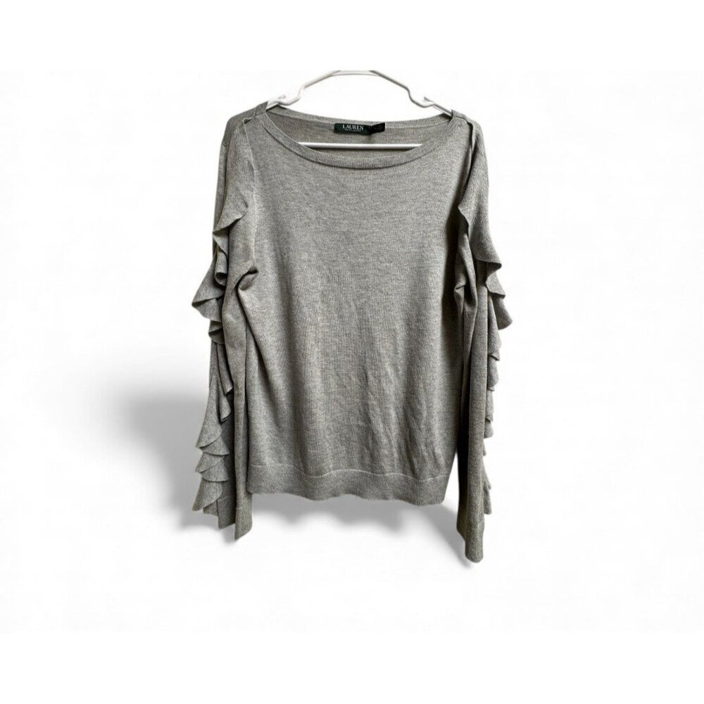 Lauren Ralph Lauren Gray Ruffle Sleeve Sweater Women’s Medium Modal Silk Blend